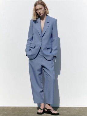 ZARA Set: Single Button Blazer & Tapered Trousers in Pale Blue - M/L